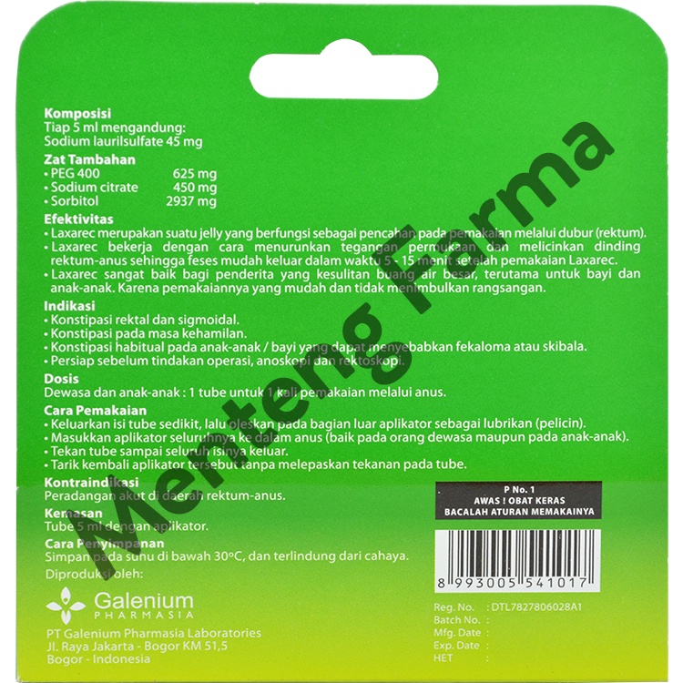 Laxarec Gel 5 mL - Krim Gel Pencahar, Sembelit, Konstipasi, Sulit BAB