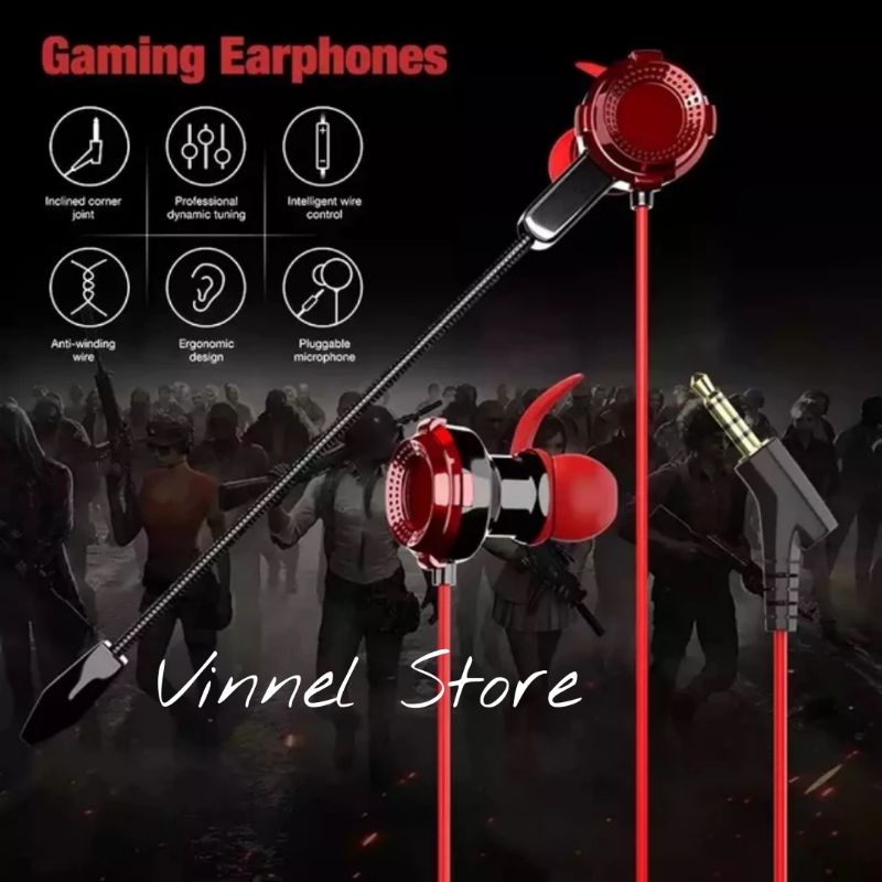 Headset Gaming PUBG Bass Noise Cancelling dengan Dual Mic Mobile - Headset Earphones Gaming Jack Audio 3.5mm Dual Microphone