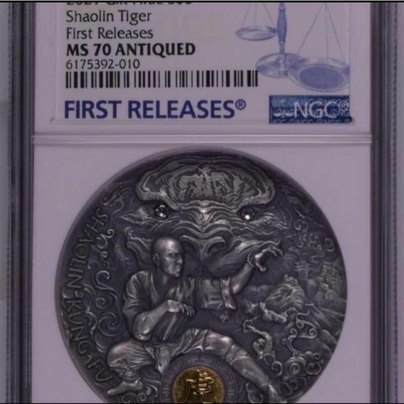 NGC PF 70 ANTIQUED 2021 gilt Niue S$5 Shaolin tiger koin perak