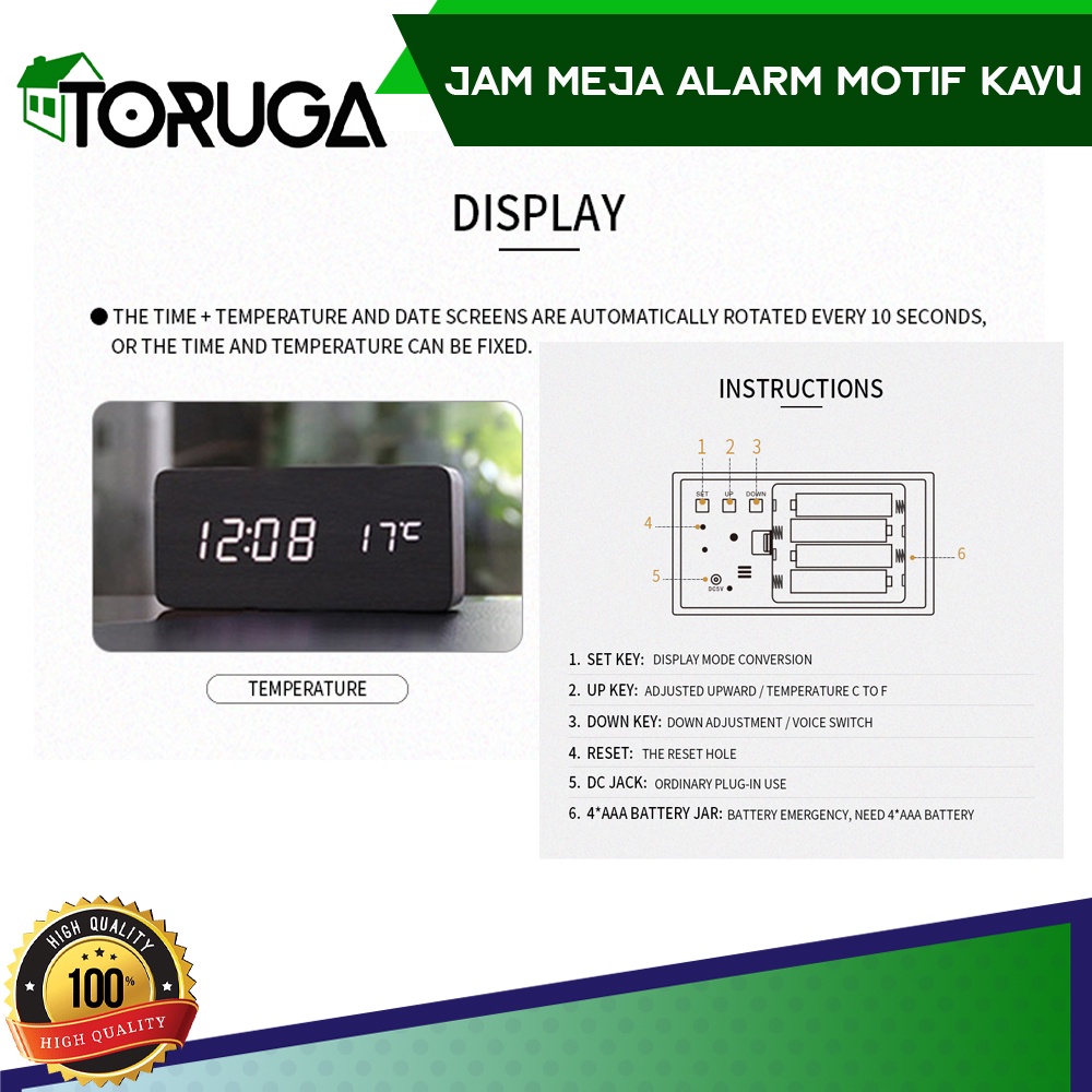 Jam Alarm Digital LED Wood Meja Motif Kayu &amp; 1299 Temperature