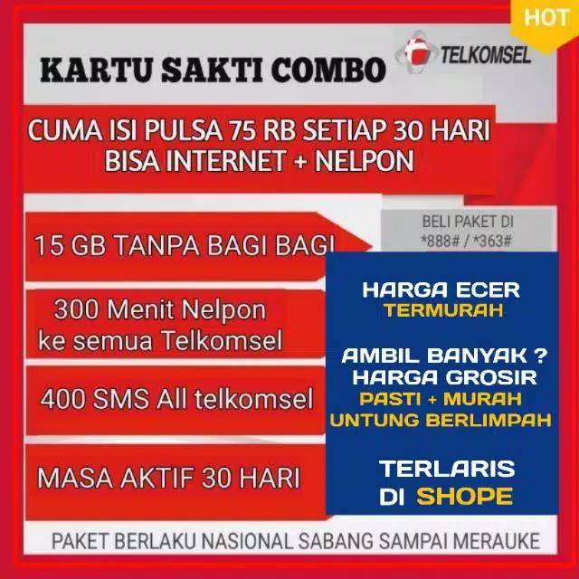 TERMURAH Kartu Sakti Combo Telkomsel SIMPATI AS LOOP internet Nelpon SMS (SUDAH 4G) 75k 15gb 75rb