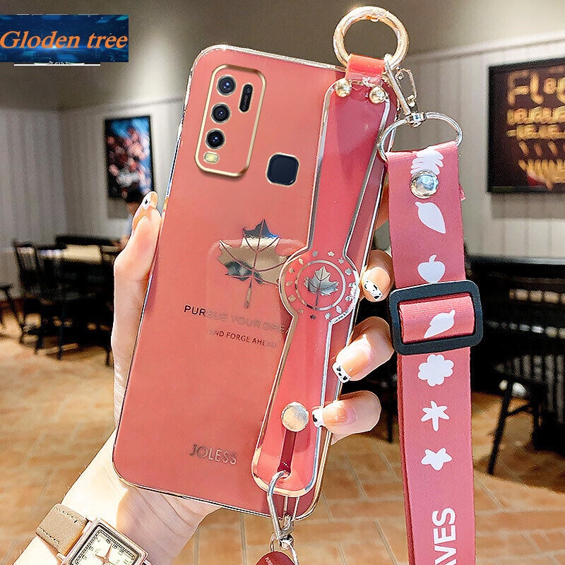 Case Motif Daun Maple Dengan lanyard Untuk Vivo Y50 Y30 Y30i