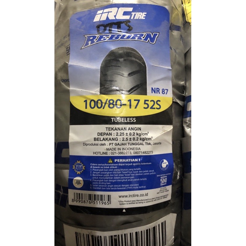 BAN LUAR TUBELESS IRC 100/80-17 VIXION CB150 MEGAPRO VERSA NINJA