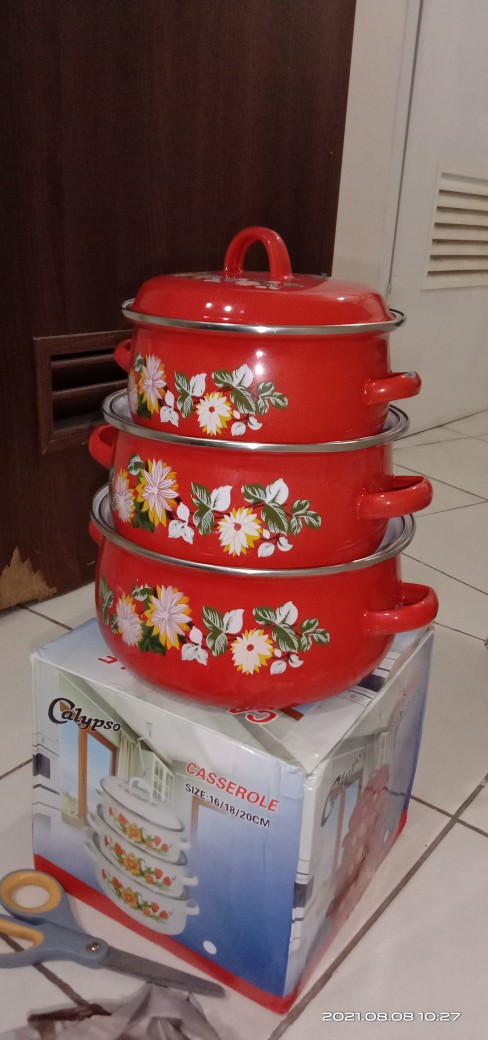 Panci Set Enamel 3 Pcs Tutup Kaca/panci Set Jadul/panco Set Enamel Bunga