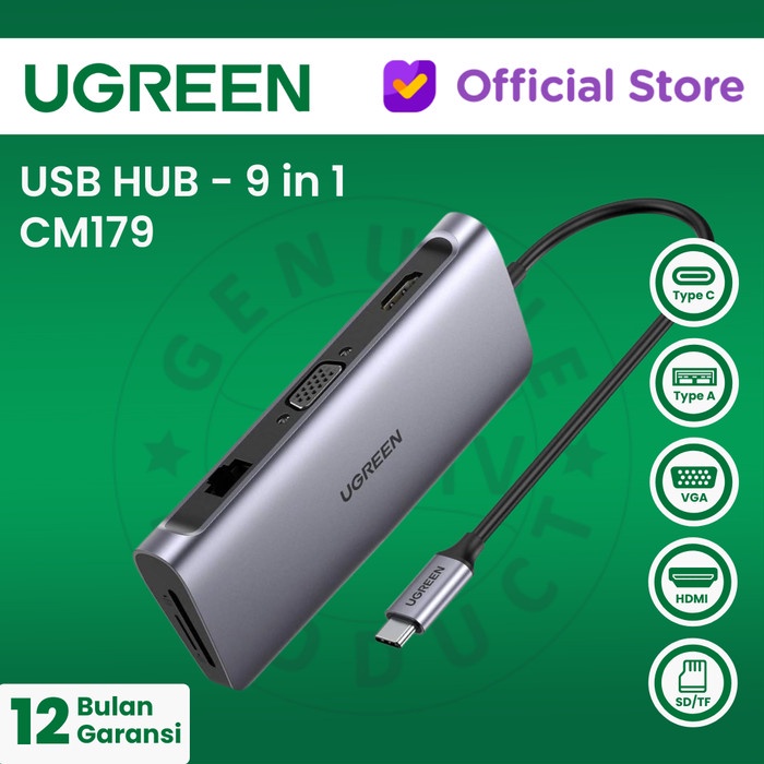 UGREEN 9in1 USB Hub Type C (USB-A, LAN, HDMI, VGA, SDCard, PD) - CM179