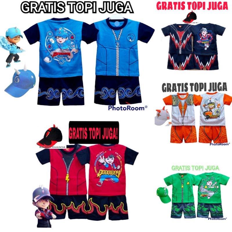 SETELAN BAJU ANAK BOBOIBOY GRATIS TOPI TERLENGKAP / SETELAN BAJU ANAK BOBOIBOY SOLAR AIR API GALAXY 