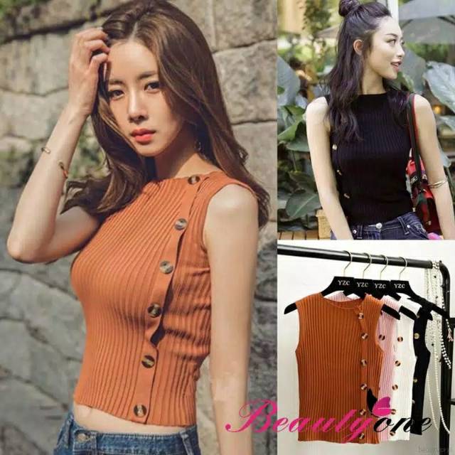 BAJU RAJUT KANCING SAMPING TANPA LENGAN MODEL CROP KOREA IMPORT