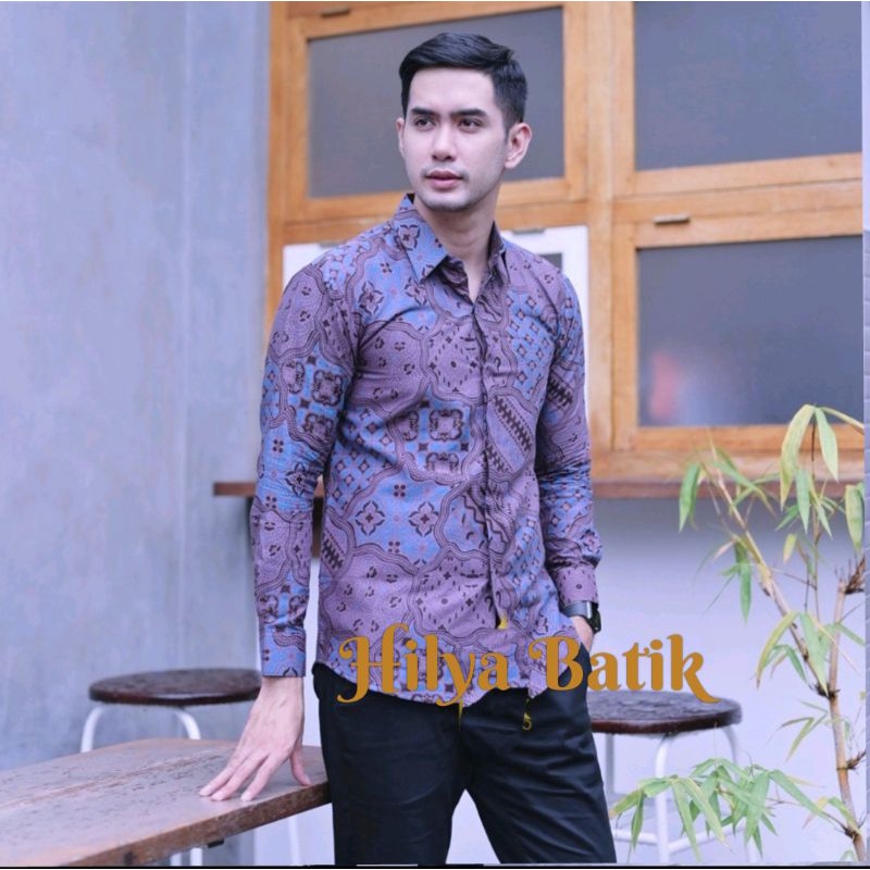 JAGADMUDA UNGU LILAC Atasan Kemeja Batik Pria Lengan Panjang Furing Halus Slim Fit Modern Katun Printing