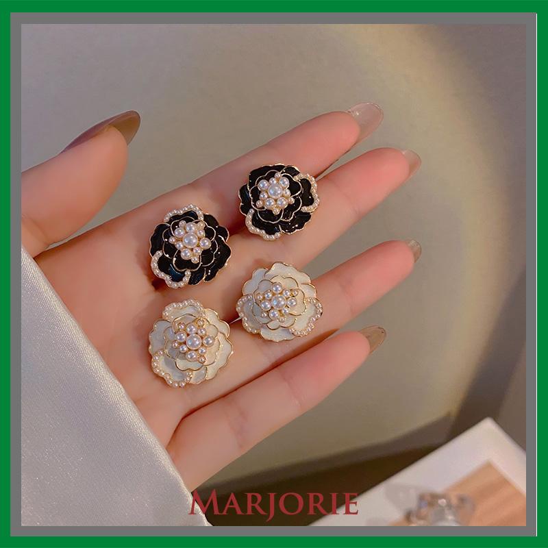 925 anting-anting mutiara Camellia Retro anting-anting bunga berlian-MJD