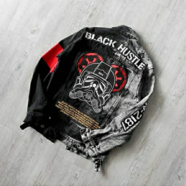 Jaket denim "BLACK HUSTLE" setengah hitam dan abu-abu