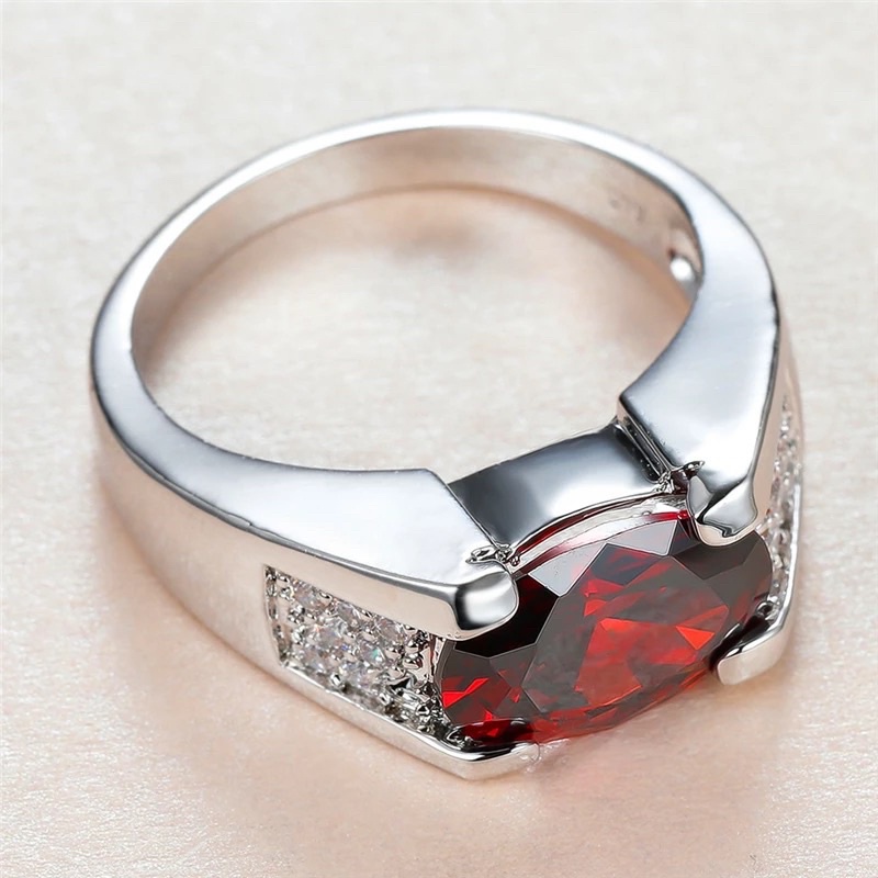 Cincin Batu Permata Rubi Merah Red Garnet Cubic Zirconia Ring Perak Minimalis Mewah Elegan