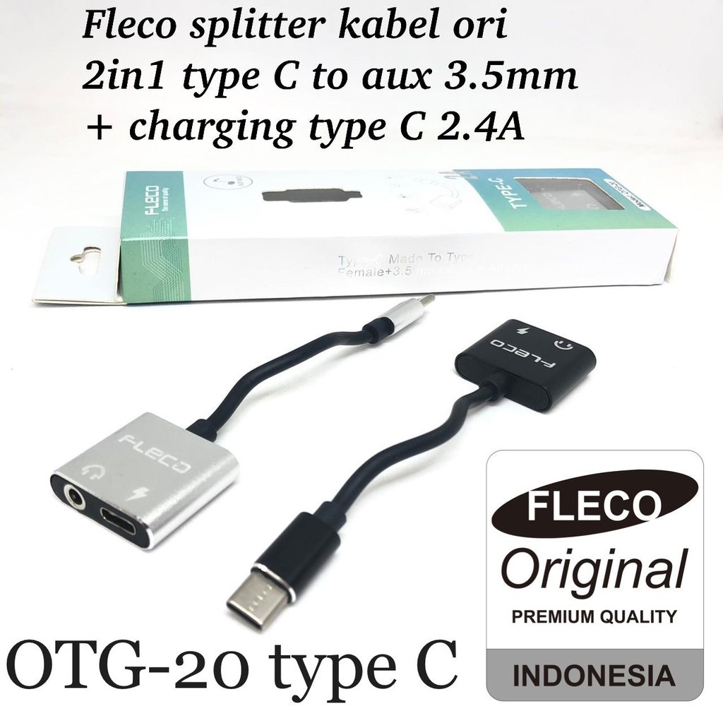 FLECO OTG-20 Adapter Spliter Kabel Type C 2in1 to Female AUX Headset 3.5mm + Charging Tipe C JH020