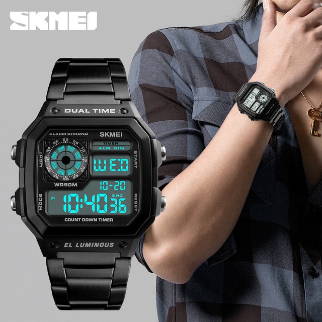 Jam Tangan Digital Pria Original SKMEI 1335 Strap Rantai Stainless