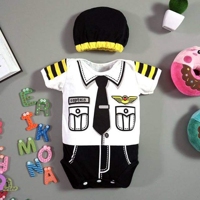 Jumper Bayi Polis Pilot Murah/ Baju Bayi Overall Unisex/ Romper Bayi Tangan Pendek