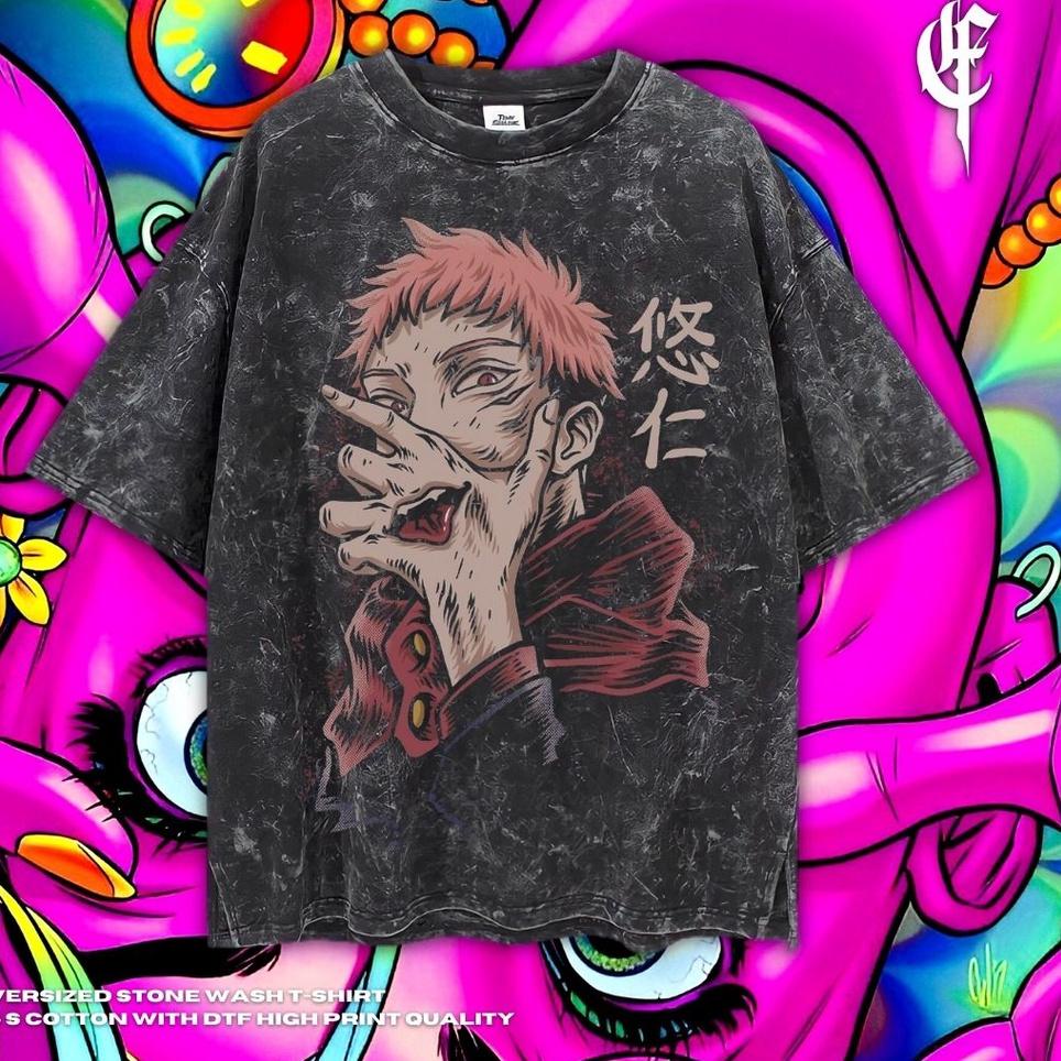 Psycho Crucify "Itadori Yuji" Oversized T-Shirt | Stone Wash | Kaos Yuji Itadori | Anime | Kaos Juju