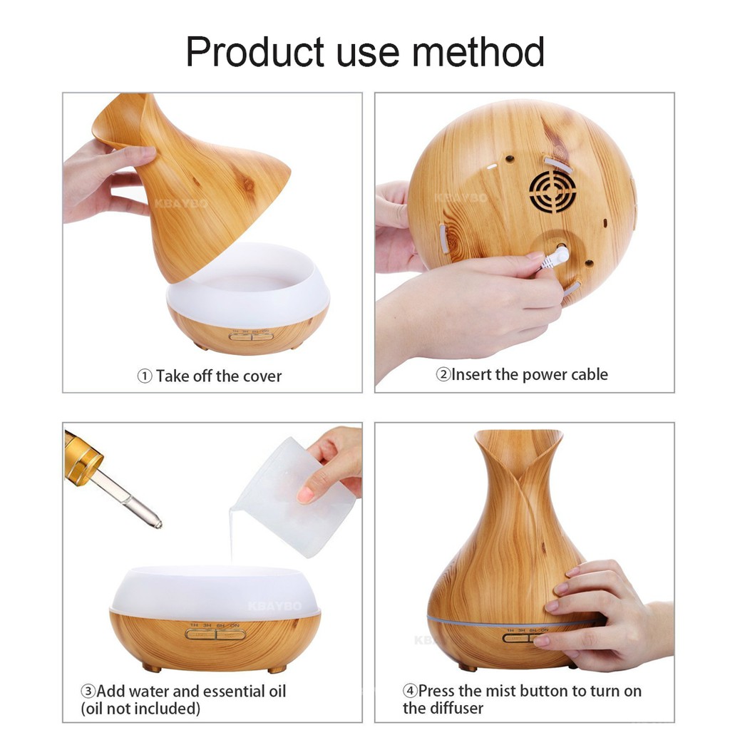 Ultrasonic Air Humidifier Aroma Essential Oil Diffuser 400ml with Wood Grain 7 Color LED Lights-5