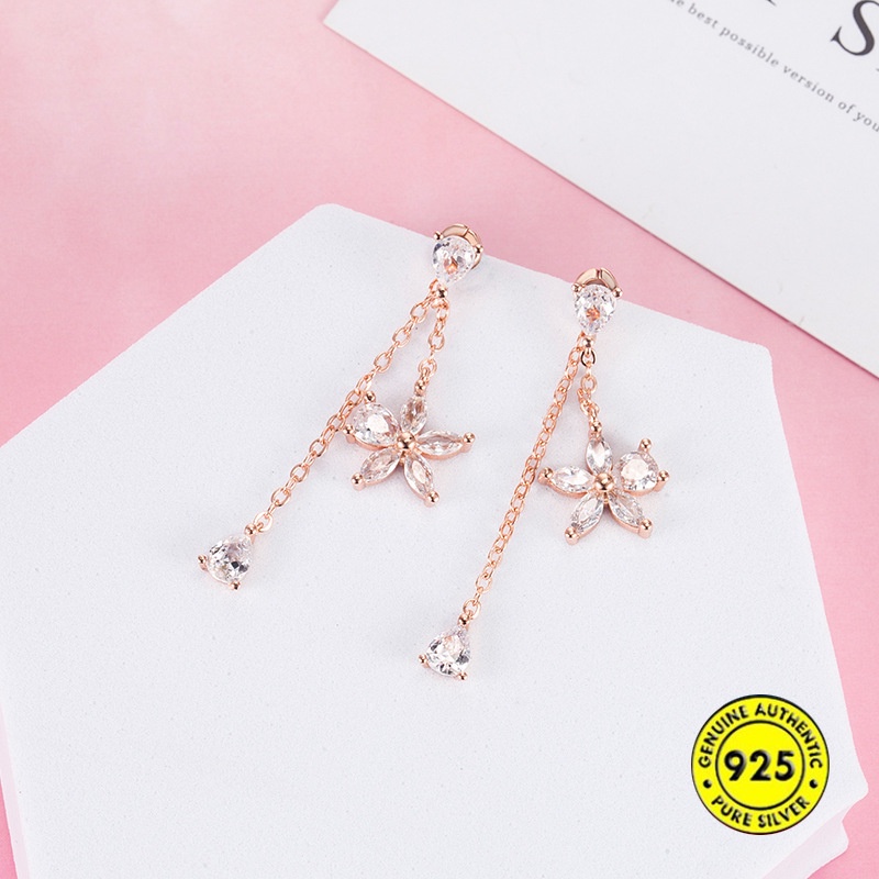 Anting Tusuk Sterling Silver 925 Desain Bunga Mawar Hias Berlian Imitasi Untuk Wanita