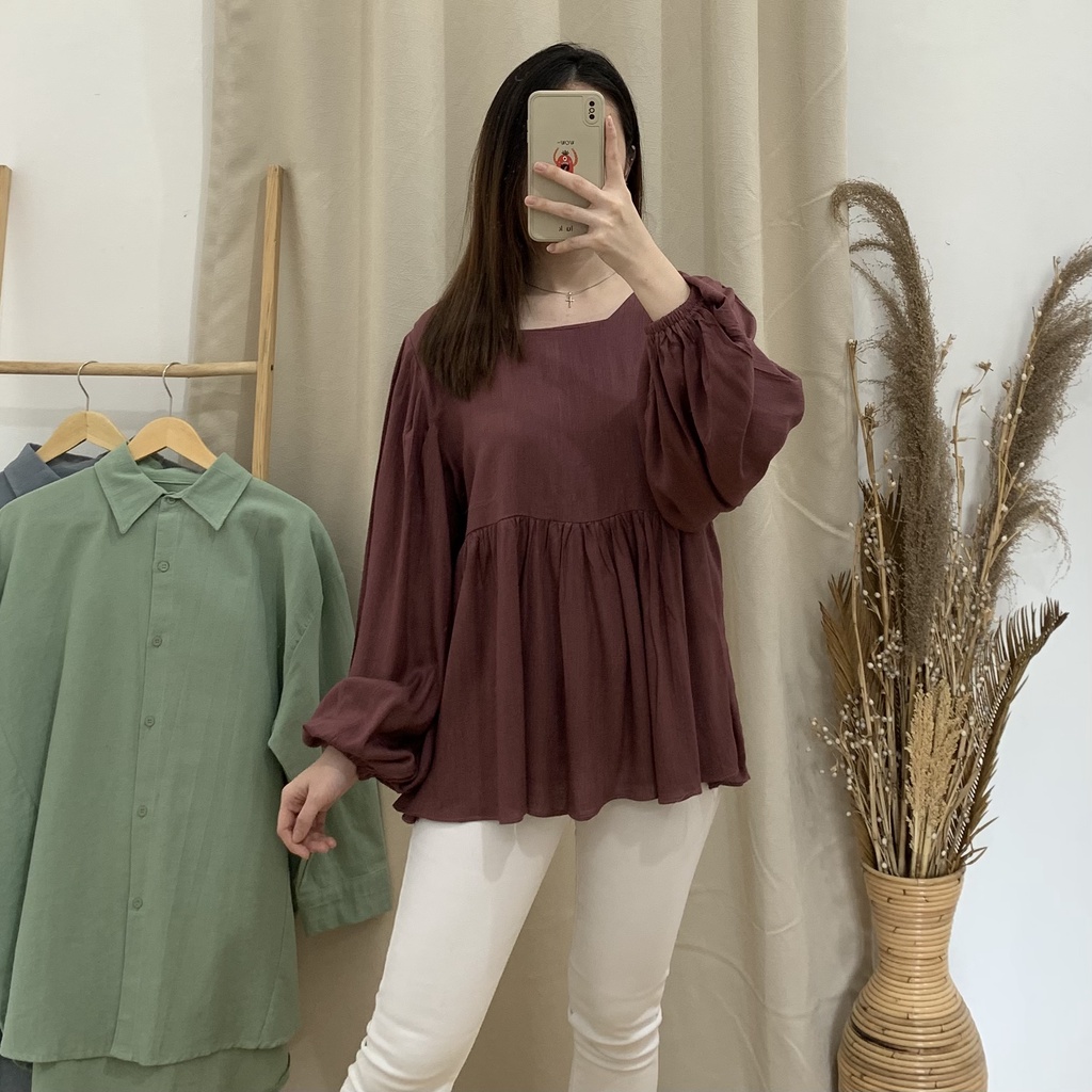 Amora Peplum Top - PLENARIO ID | Blouse wanita - Rayon crinkle - Atasan wanita - Pakaian Wanita - COD-Dark Purple