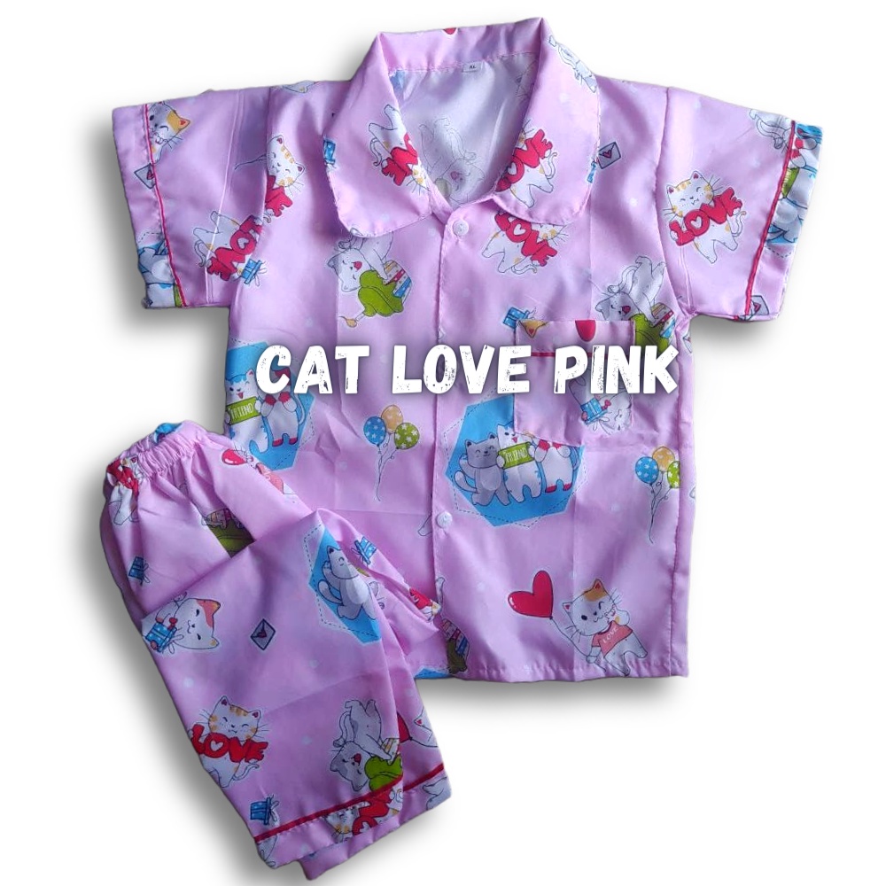 Piyama Anak Laki laki Perempuan 10 Tahun Baju tidur anak usia 12 tahun Bebas Pilih Motif size 12-CAT LOVE PINK