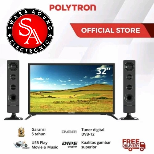 Led Digital TV 32 Inch Polytron + Tower Speaker Type: 32TV1855 (Khusus Daerah Medan)