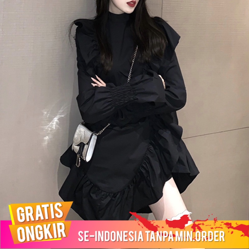 Pakaian Wanita 2021 Korea Mos Desain Leher Bulat Lengan Panjang Hepburn Hitam Gaun Gaun  wanita Hits