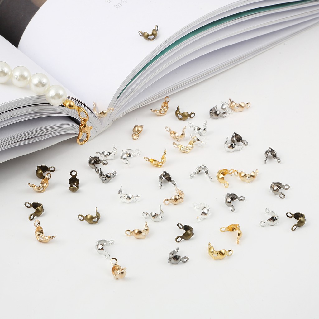 100pcs Konektor Clasp Fitting Rantai Bola Calotte End Crimps Ukuran 4x7mm Untuk Membuat Perhiasan Diy