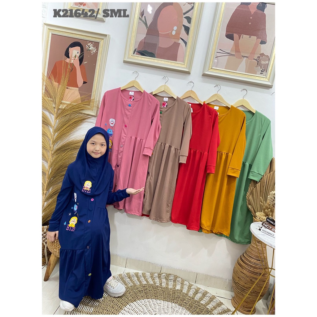 Gamis + hijab anak perempuan model full kancing variasi rempel motif bordir BT21 bahan voxy premium 