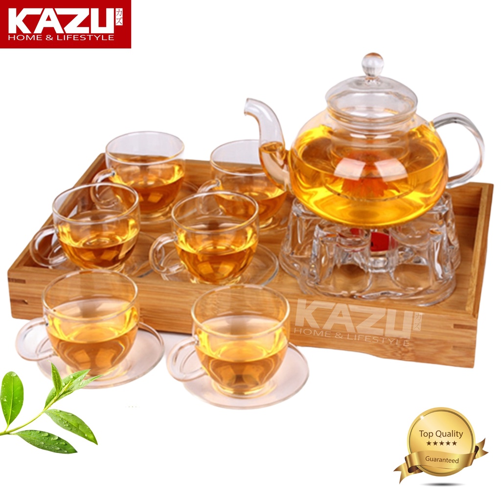 KAZU TEAPOT SET KACA BOROSILICATE C07 PEMANAS API LILIN ALAS TATAKAN GELAS 6PCS TEKO KOPI TEH SET