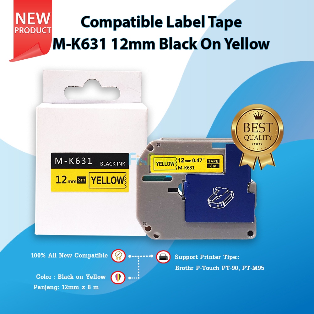 Compatible Label Tape M-K231 12mm Black On White Silver Green Yellow Blue Casette MK 231 531 631 731 931 12mm X 8mm Printer Brothr P-Touch PT-90 PT-M95