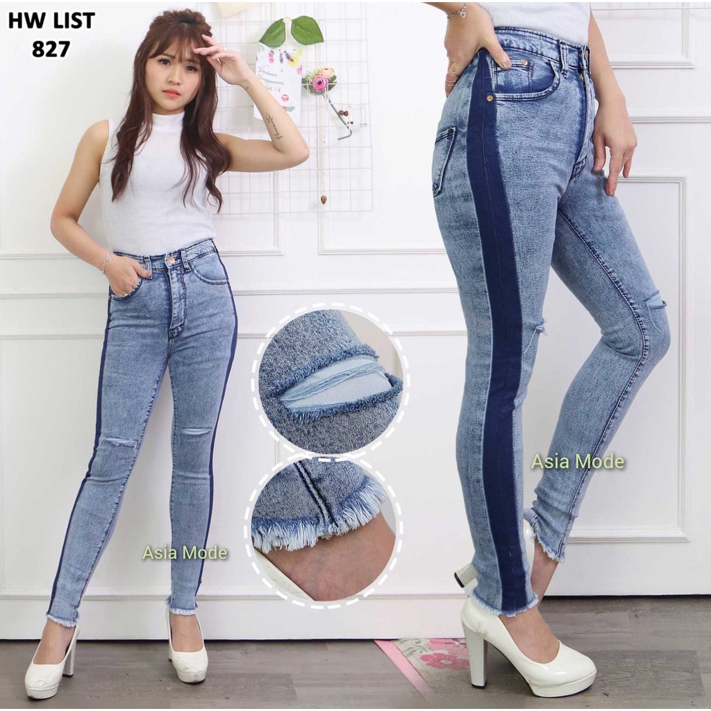 Asia Mode - Highwaist Jeans Panjang List Samping Sobek Garis Wanita / High Waist Lepis Lis Ripped / 
