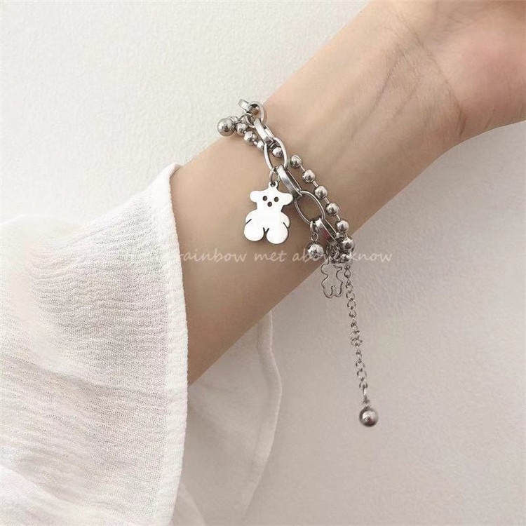 Gelang Tangan Rantai Gaya Korea Motif Beruang Aksen Hollow + Manik-Manik Untuk Perhiasan Wanita