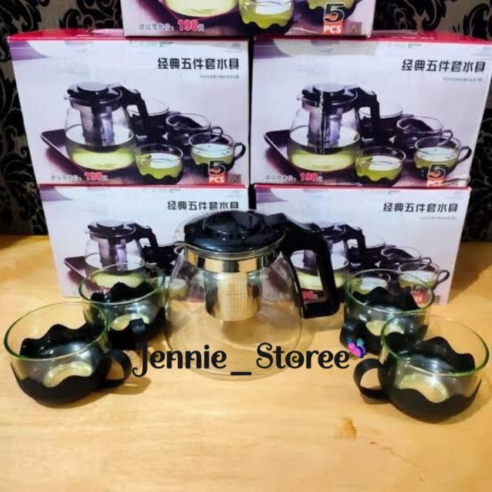 Teapot Set Kaca Dengan Saringan / Teko Saringan Tea Tempat Minum 5in1