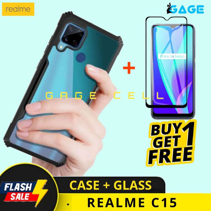 FREE ✅ TEMPERED GLASS FULL REALME C15 - HARDCASE SOFTCASE CASE FUZE ARMOR REALMI C15 CASING COVER