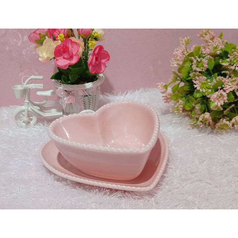 piring mangkok shabby love heart hati dot pink