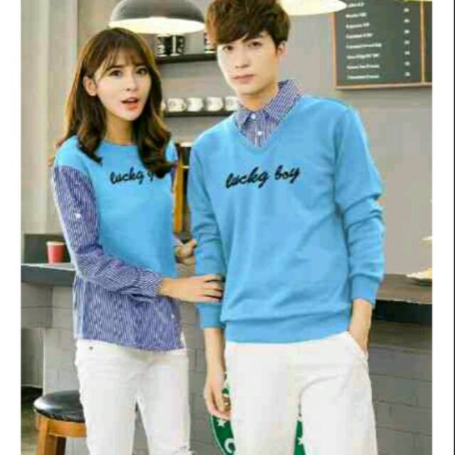 Couple kemeja sweater lucky boy biru soft