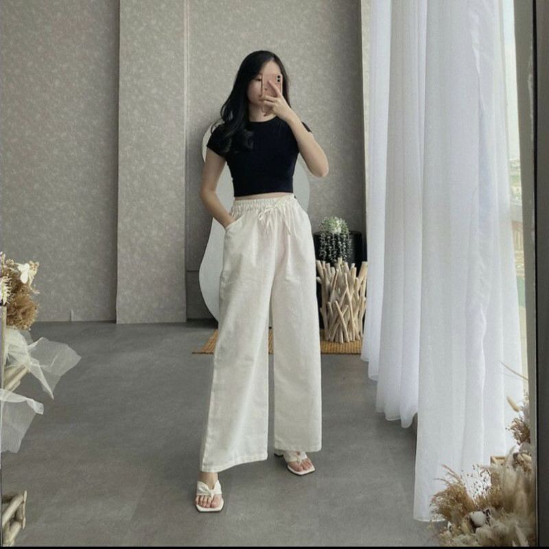 Celana kulot Linen Highwaist Pinggang Full Karet All size kulot Tali kulot Terlaris termurah