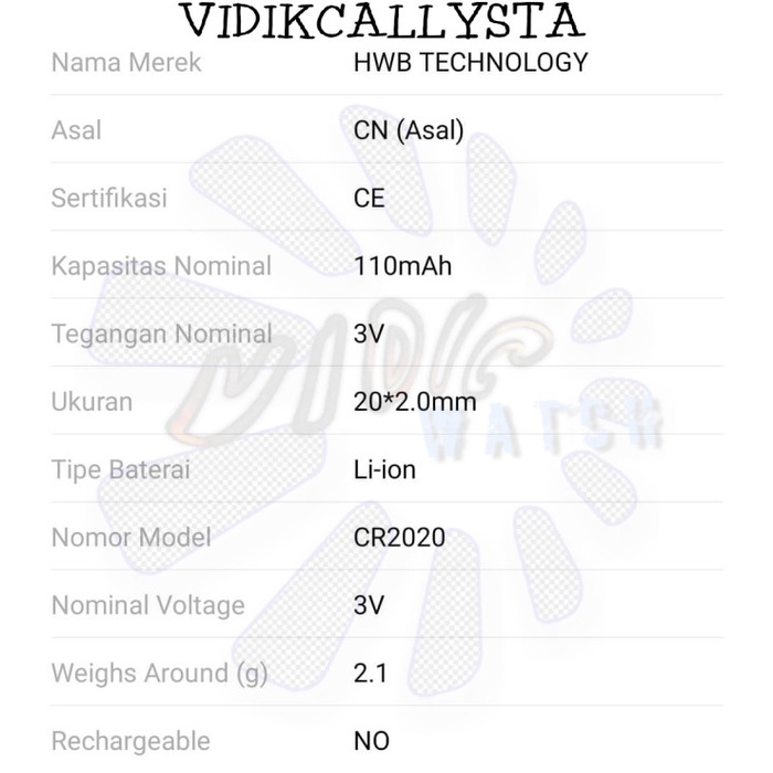 ORIGINAL BATTERY CR2020 CR 2020 3V LITHIUM