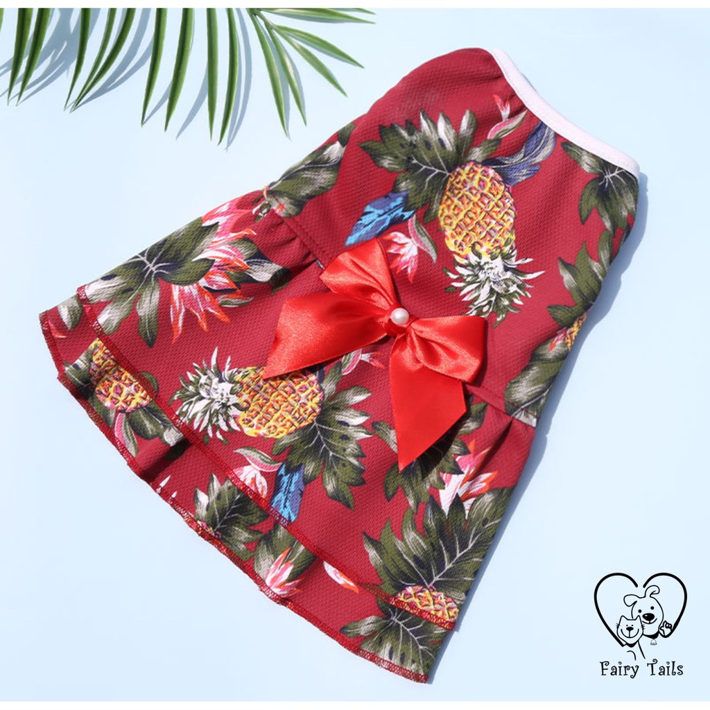 Baju Anjing Kucing Kostum Dress Hawaii dengan Pita | Pet Hawaiian Pineapple Dress