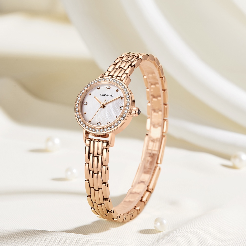 REBRTH Jam Tangan Wanita Mode Anggun Ibu Mutiara Dial Tali Stainless Steel Tahan Air Display Kuarsa Jam Tangan Cewek