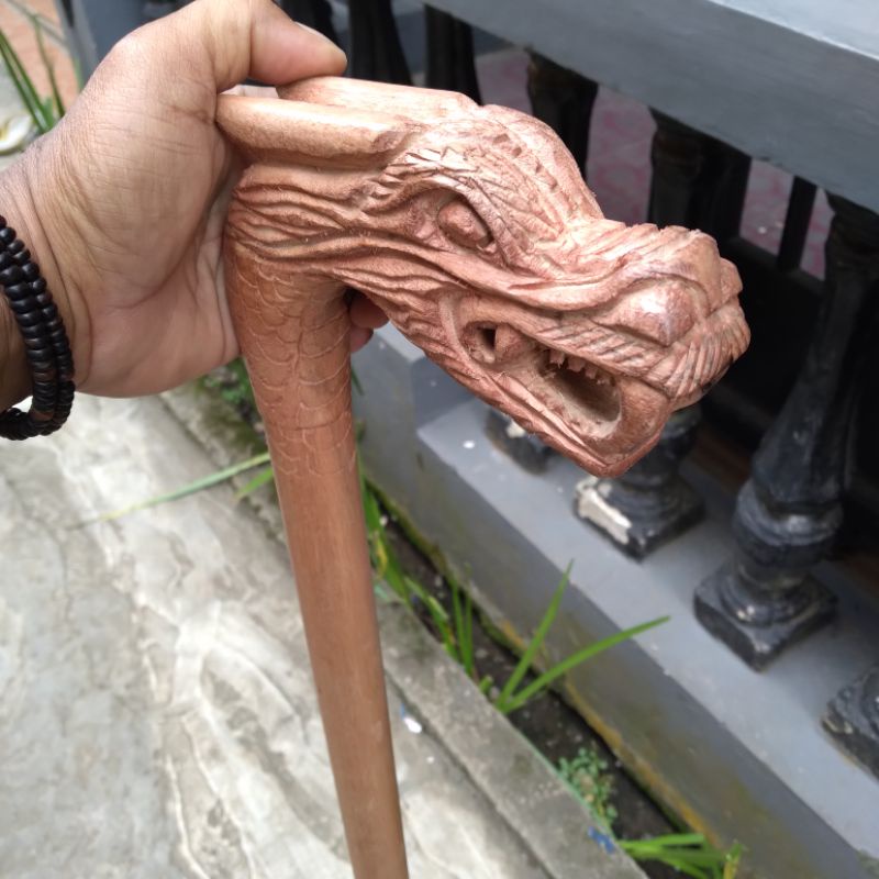 tongkat jalan kayu bidara  ukir naga asli natural 100cm