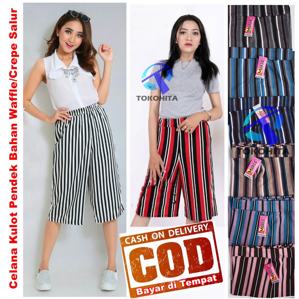 PAKET PROMO 3 pcs CELANA KULOT CREPE / MILANO MOTIF STRIPE/SALUR/NORWAY PANJANG dan PENDEK