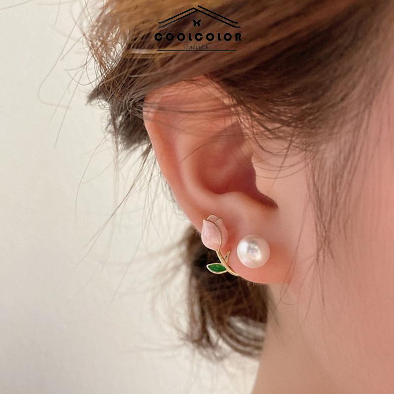 COD❤️Anting Hiasan Mutiara Imitasi Bunga Tulip Temperamen Modis Manis Aksesoris Fashion Wanita Perhiasan Fashion Simple Murah