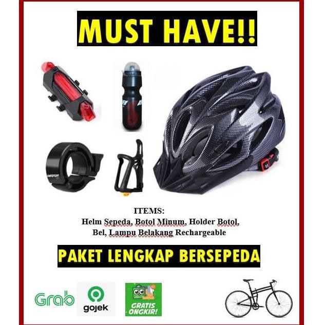 Paket Lengkap Bersepeda - Helm Sepeda|Botol Plus Holder|Lampu|Bel - Paket Merah Dafa.Olshop