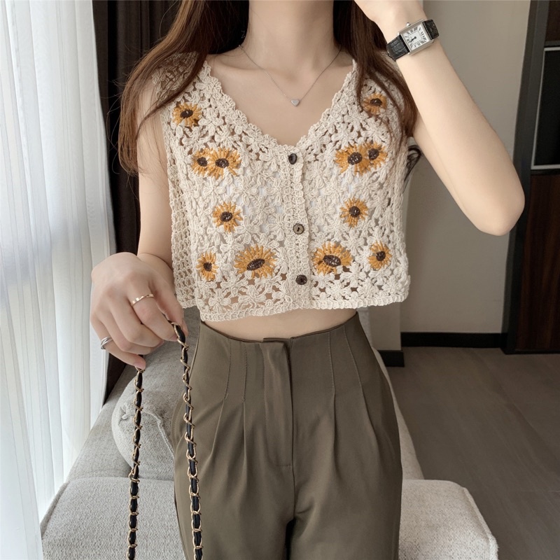 Rompi Cardigan Wanita Import Sunflower Vest Crochet Knit Woman Top Fashion Terbaru AV235