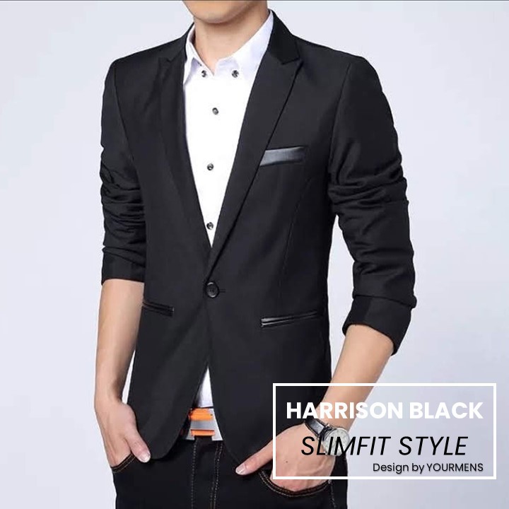 BLAZER SLIMFIT PRIA HARRISON BLACK SEMI FORMAL HIGH TWIST ORIGINAL NIKAYU SINGLE BUTTON