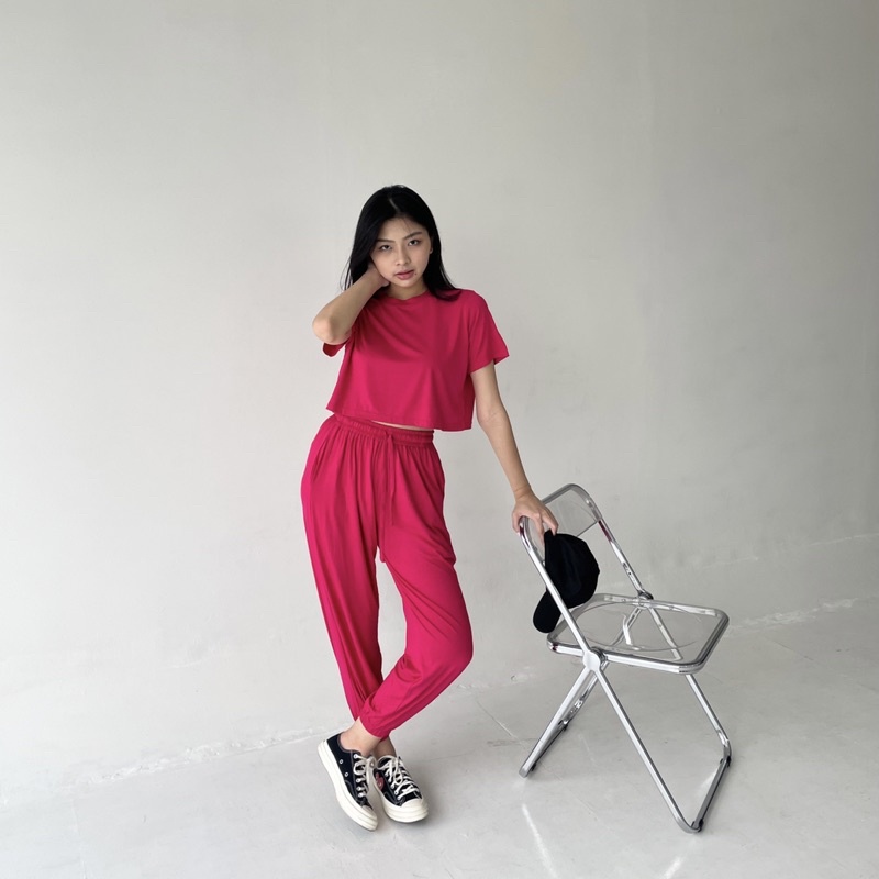 LYON SET | Set Kaos Setelan Wanita Celana Panjang Loungewear Comfy Lounge Celana Panjang Crop Highwaist