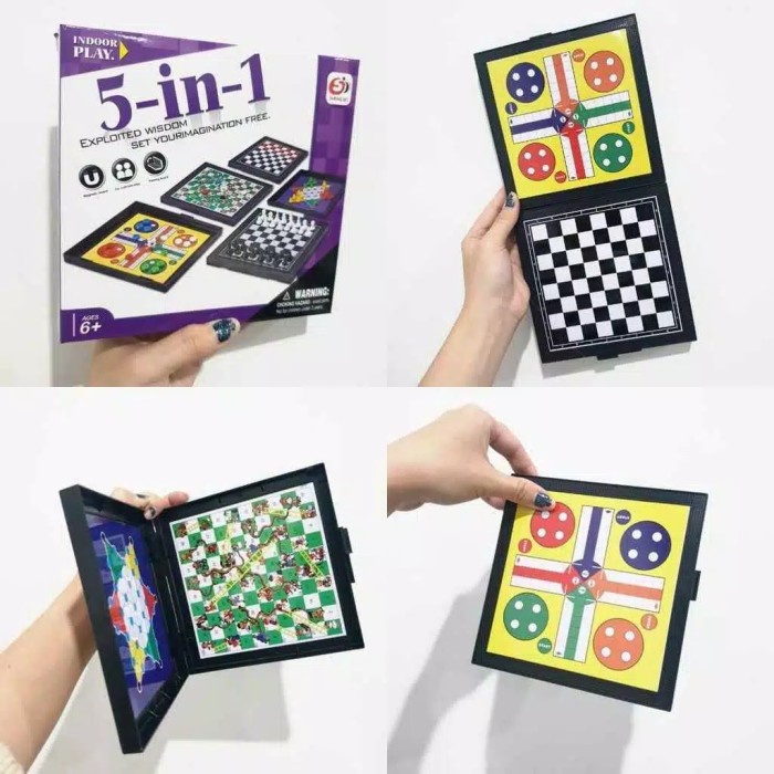 Game-Board- Mainan Ular Tangga Magnet Board Game Catur Ludo Halma Draughts 5 In 1 -Board-Game.