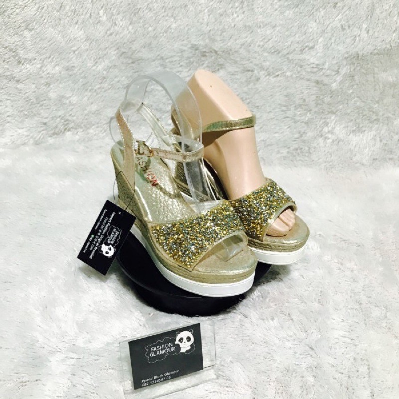 WG01 SEPATU SANDAL WEDGES RINGAN IMPORT WANITA KOREA PESTA PARTY ORIGINAL AKSEN GLITTER