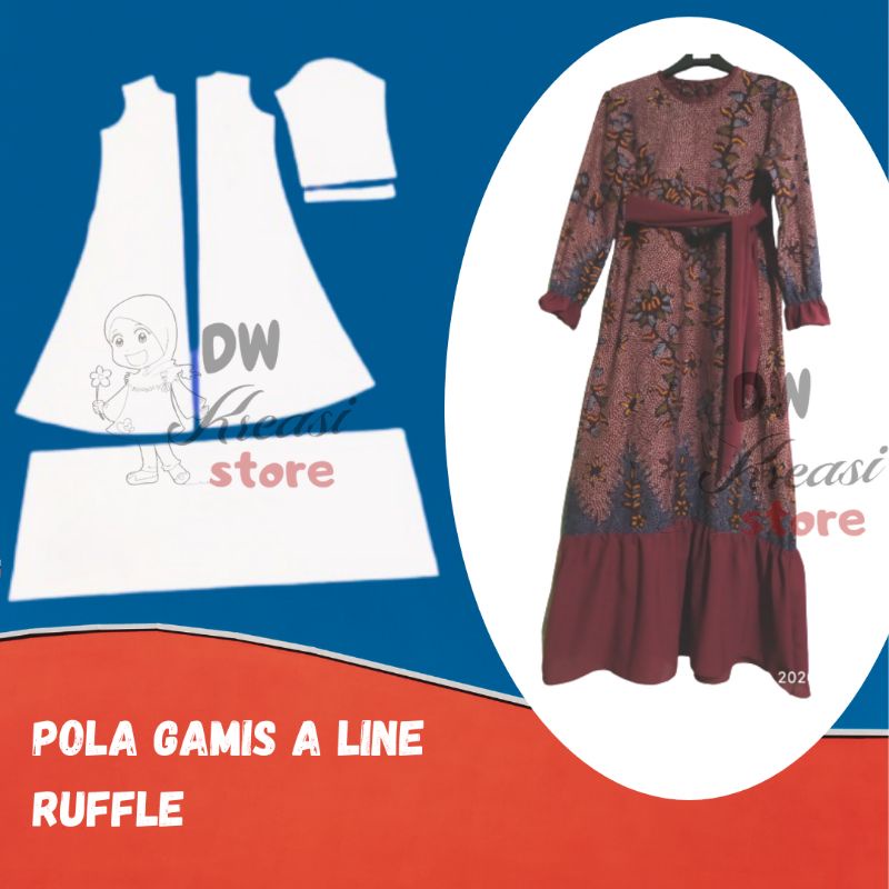 

pola gamis line A + ruffle / pola jiplak instan