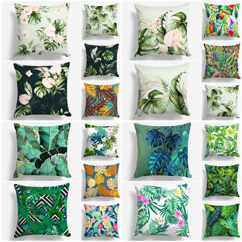 SARUNG BANTAL SOFA PRINT MOTIF DAUN MONSTERA TROPIS MIX 40X40 CM